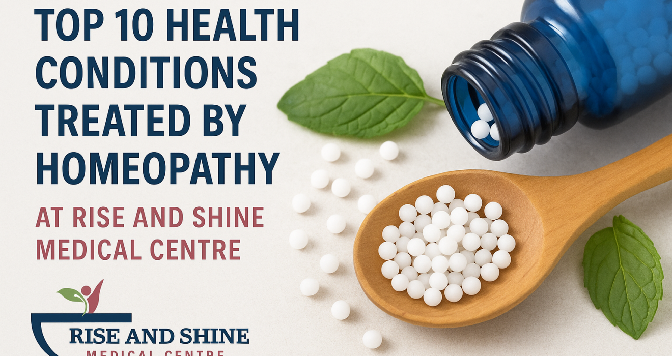 A wooden spoon filled with homeopathic pellets next to a blue bottle and green leaves.