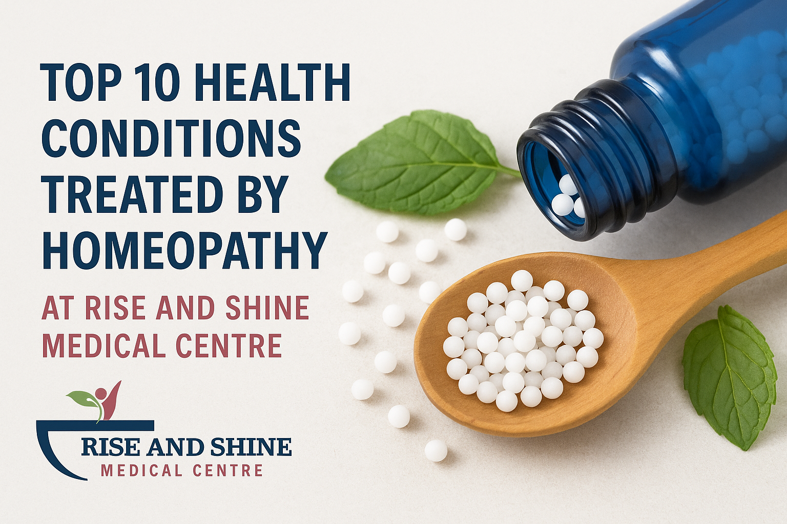 A wooden spoon filled with homeopathic pellets next to a blue bottle and green leaves.