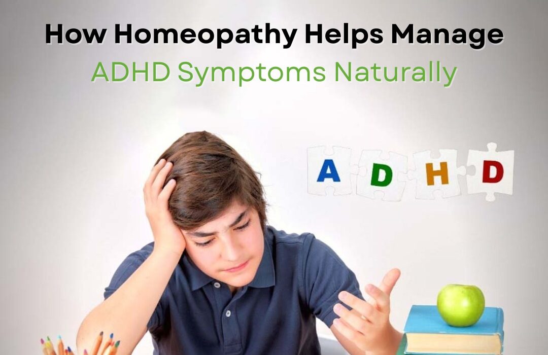 A young boy with a concerned expression sitting at a desk with ADHD letters and puzzle pieces.