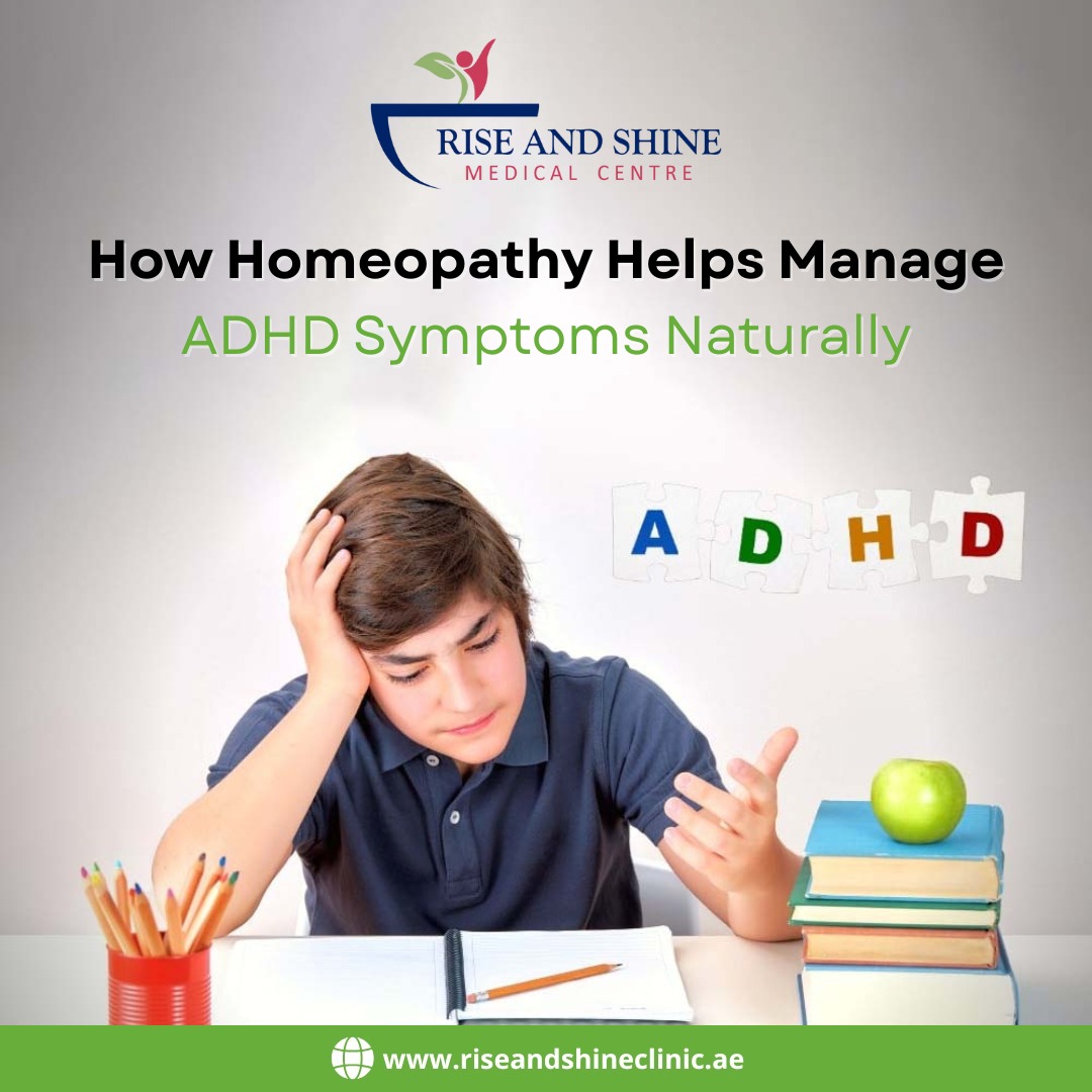 A young boy with a concerned expression sitting at a desk with ADHD letters and puzzle pieces.