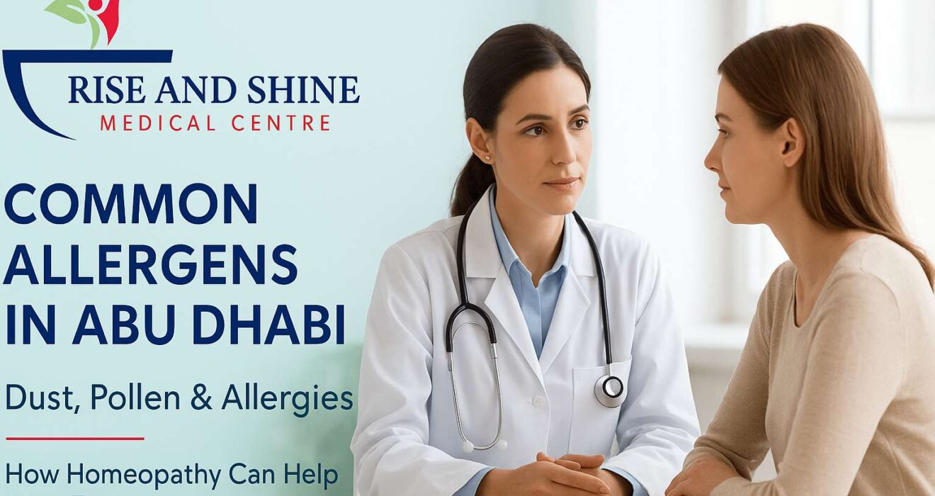 Common allergens in Abu Dhabi including dust and pollen explained by a homeopathy doctor during patient consultation at Rise and Shine Medical Centre