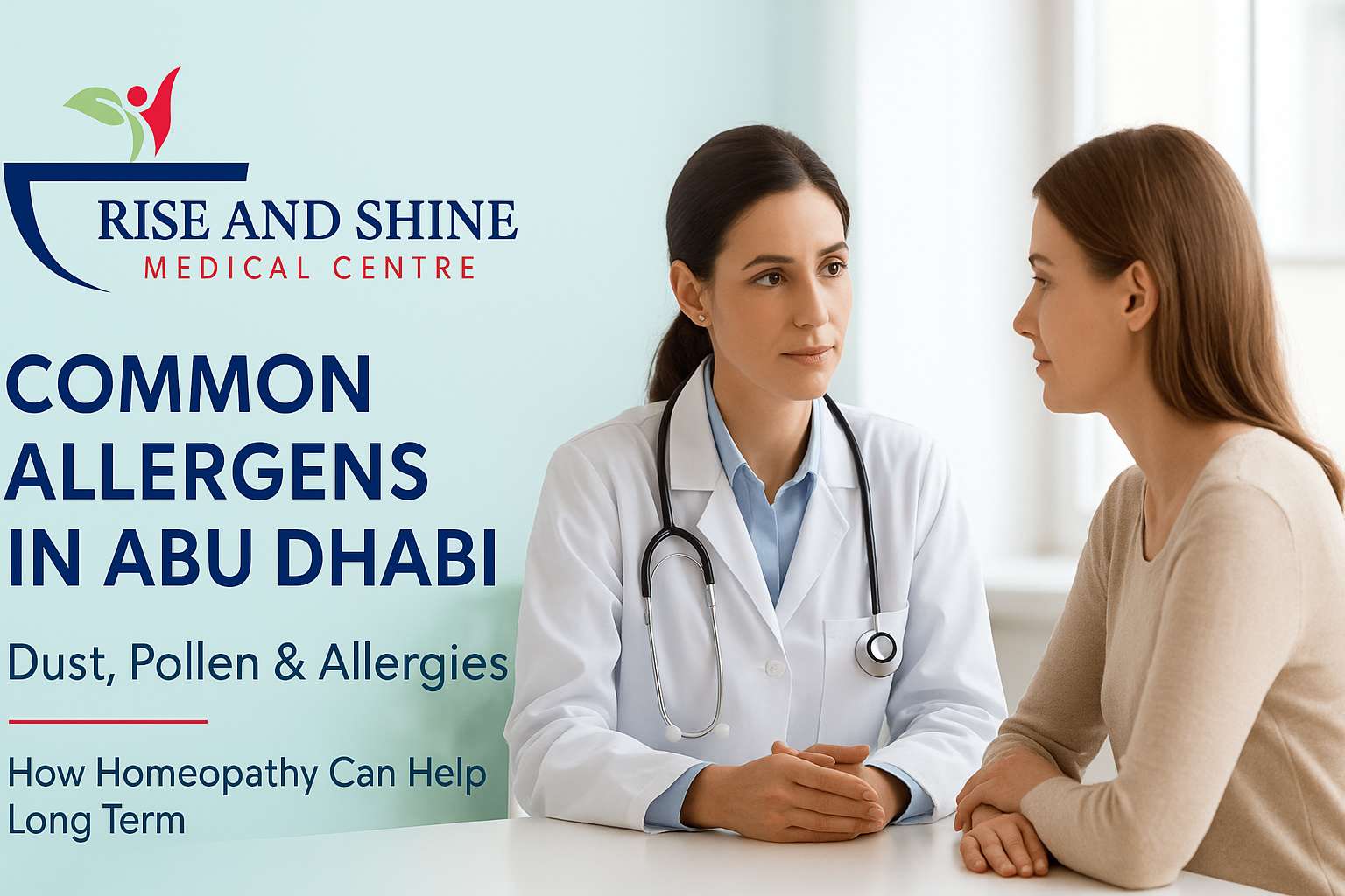 Common allergens in Abu Dhabi including dust and pollen explained by a homeopathy doctor during patient consultation at Rise and Shine Medical Centre