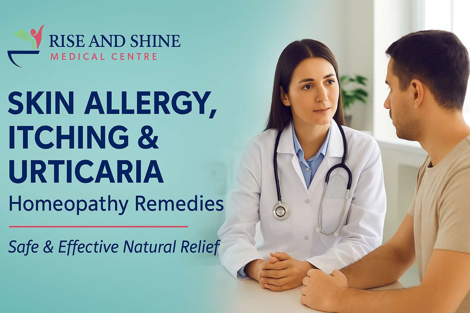 Homeopathy remedies for skin allergy, itching and urticaria explained by doctor during patient consultation at Rise and Shine Medical Centre