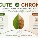Acute vs chronic conditions in homeopathy appear beside a split green-and-brown leaf and herbal remedy graphics.