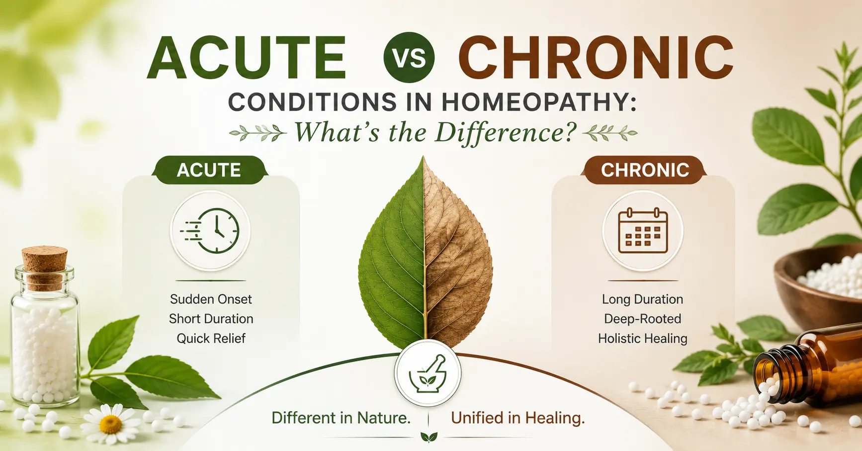 Acute vs chronic conditions in homeopathy appear beside a split green-and-brown leaf and herbal remedy graphics.